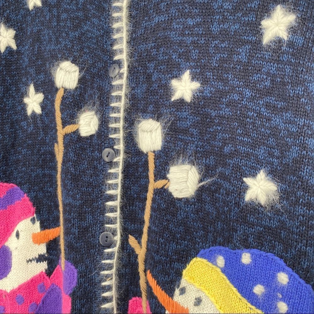 Quacker Factory Snowman Cardigan holiday sweater winter snow blue tassel medium - Picture 4 of 12